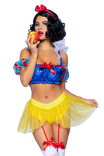 Load image into Gallery viewer, A woman wearing a Snow White costume, consisting of a blue character styled crop top with a shimmer halter bandeau, a yellow skirt with glitter accents, attached garters, and a red bow headband.
