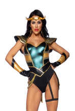 Load image into Gallery viewer, Trickster Goddess Costume, Three piece Lamé Snap Crotch Garter Bodysuit