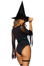 Load image into Gallery viewer, Broomstick Babe Witch Costume with Curve-Hugging Bodysuit, Matching Hat & Garters