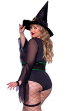 Load image into Gallery viewer, Broomstick Babe Witch Costume with Curve-Hugging Bodysuit, Matching Hat & Garters