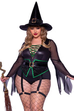 Load image into Gallery viewer, Broomstick Babe Witch Costume with Curve-Hugging Bodysuit, Matching Hat & Garters