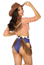 Load image into Gallery viewer, Five-Piece Playful Cowboy Costume Set – Fringe Crop Top, High-Waist Bottoms, Belt, Sheriff Badge & Bandana