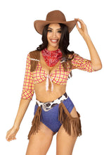 Load image into Gallery viewer, Five-Piece Playful Cowboy Costume Set – Fringe Crop Top, High-Waist Bottoms, Belt, Sheriff Badge & Bandana