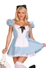 Load image into Gallery viewer, A model wearing a blue three-piece Alice costume set which includes a lace-up apron dress with a built-in petticoat, a bow on the back, and a bow headband.