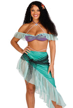 Load image into Gallery viewer, Three Piece Spellbound Mermaid Costume Set, Pearl halter iridescent Bra Top and Skirt