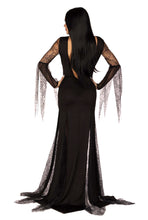 Load image into Gallery viewer, Morticia-Inspired Costume for Women – Deep-V Backless Dress with Sequin Trim, Spiderweb Sleeves & High Slit Tentacle Skirt