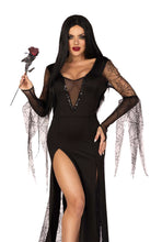 Load image into Gallery viewer, Morticia-Inspired Costume for Women – Deep-V Backless Dress with Sequin Trim, Spiderweb Sleeves & High Slit Tentacle Skirt