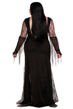 Load image into Gallery viewer, Morticia-Inspired Costume for Women – Deep-V Backless Dress with Sequin Trim, Spiderweb Sleeves & High Slit Tentacle Skirt