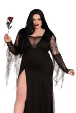 Load image into Gallery viewer, Morticia-Inspired Costume for Women – Deep-V Backless Dress with Sequin Trim, Spiderweb Sleeves & High Slit Tentacle Skirt