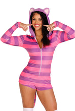 Load image into Gallery viewer, Comfy Cheshire Romper Costume with a zipper front, Molded tail and cute ear hood