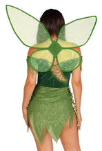 Load image into Gallery viewer, Three-Piece Forest Fairy Costume Set – Patchwork Dress with Lace-Up Detail, Leaf Accents & Shimmer Wings
