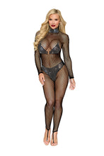 Load image into Gallery viewer, Seamless fishnet bodystocking with knitted collar, Lingerie with Rhinestone Detail
