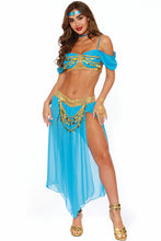 Load image into Gallery viewer, Women’s Enchanting Genie Costume, Chiffon Bra Top with Attached Sleeves &amp; Coin Trim, Skirted Pants with Gold Waistband, Jewel Headband &amp; Choker, 4-Piece Set
