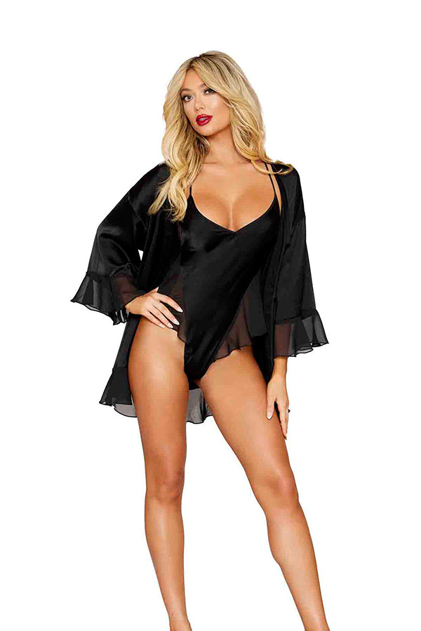 Matte Satin Robe and Teddy Lingerie Set with Chiffon Flounce Details