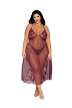 Load image into Gallery viewer, Dot Stretch Mesh and Eyelash Lace Midi-Length Gown with G-String Set
