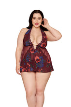 Load image into Gallery viewer, Printed Chiffon and Dot Mesh Babydoll with G-String
