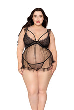 Load image into Gallery viewer, Scalloped Lace and Dot Mesh Babydoll with Fly-Away Front and G-String Set
