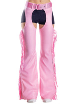 Load image into Gallery viewer, Studded Denier Chaps with Fringe &amp; Matching Glitter Belt – Western Cowgirl Costume
