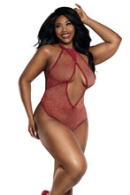 Load image into Gallery viewer, Rhinestone Crossneck Open Front Halter Teddy with O-Ring Hardware Detail
