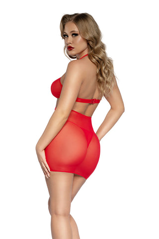 Heart Charm Mesh Teddy Set with Halter Neck & Matching Panty