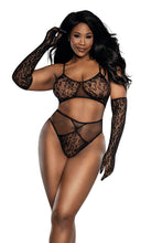 Load image into Gallery viewer, Seamless Lace Knit 3-Piece Set with Bralette, High-Waist Panty &amp; Opera Gloves
