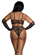 Load image into Gallery viewer, Seamless Lace Knit 3-Piece Set with Bralette, High-Waist Panty &amp; Opera Gloves

