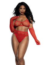 Load image into Gallery viewer, Seamless Lace Knit 3-Piece Set with Bralette, High-Waist Panty &amp; Opera Gloves
