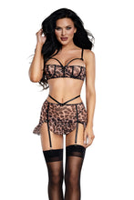Load image into Gallery viewer, Wild Cat Leopard Print 3-Piece Skirt Set with Balconette Bra, G-string and Attached Garters
