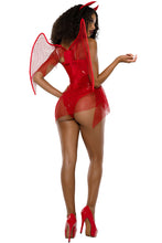 Load image into Gallery viewer, Short &amp; Sweet Devil Costume, Red Vinyl Bodysuit with Fishnet Flame Cutout &amp; Attached Mesh Skirt, Red Mesh Wings &amp; Horn Headband
