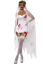 Load image into Gallery viewer, Dead Bride Costume, Bodycon Printed Denier Dress with Attached Garters, Floral Mesh Veil with Jagged Hem &amp; Hair Clips, Halloween Cosplay Outfit
