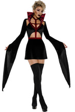 Load image into Gallery viewer, Women's Vampire Queen Costume, Black Velvet Halloween Dress with Strategic Cutouts &amp; Printed Satin High Collar, Gothic Vampire Costume Outfit
