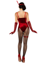 Load image into Gallery viewer, Prohibition Penny Costume, Red Velvet Bodysuit with Lurex Fringe, Ruched Mesh Gloves &amp; Sequined Garter, Roaring 20s Flapper Outfit
