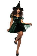 Load image into Gallery viewer, Green Witch Costume, Velvet &amp; Mesh Circle Skirt Dress with Green Glitter Details &amp; Matching Velvet Witch Hat, Halloween Cosplay Outfit
