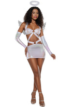 Load image into Gallery viewer, Women's Alluring Angel Costume, Iridescent Lamé Dress with Cutouts &amp; O-Ring Detail, Matching Gauntlets and Dramatic Angel Wings
