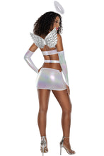 Load image into Gallery viewer, Women's Alluring Angel Costume, Iridescent Lamé Dress with Cutouts &amp; O-Ring Detail, Matching Gauntlets and Dramatic Angel Wings
