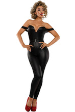 Load image into Gallery viewer, Women's Vintage Baddie Costume, Coated Denier Off-Shoulder Jumpsuit with Mesh Cutouts &amp; Matching Belt with Metal Buckle, Halloween Party Outfit
