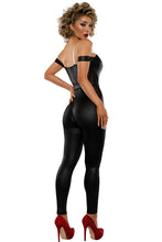 Load image into Gallery viewer, Women's Vintage Baddie Costume, Coated Denier Off-Shoulder Jumpsuit with Mesh Cutouts &amp; Matching Belt with Metal Buckle, Halloween Party Outfit
