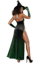 Load image into Gallery viewer, Women’s Emerald Enchantress Costume, Printed Velvet Dress with Open Faux-Lacing Side Panels, Built-In Panty, Elbow-Length Gloves &amp; Velvet Witch Hat
