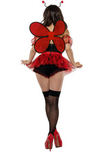 Load image into Gallery viewer, Women's Little Ladybug Costume, Denier Bodysuit with Decorative Buttons &amp; Printed Mesh Ruffle Skirt, Puff Sleeves &amp; Antenna Headband
