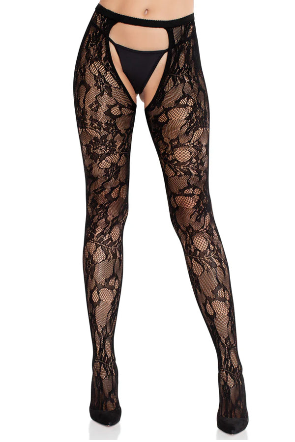 Sexy Selene Crotchless Lace Tights for Women – Sheer Rose Lace Pantyhose with Open Crotch & Open Back
