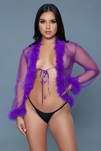 Load image into Gallery viewer, Short Chiffon Robe with Faux Fur Trim – Elegant &amp; Luxurious Loungewear

