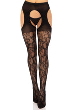 Load image into Gallery viewer, Rhiannon Lace Suspender Hose, Rose Lace Suspender Pantyhose
