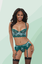 Load image into Gallery viewer, Metallic Cross-Dye Lace Bra Set – Longline Underbust, Garter Belt, &amp; G-String
