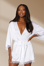 Load image into Gallery viewer, Satin and eyelash lace trim bridal robe, Robe with Satin Belt
