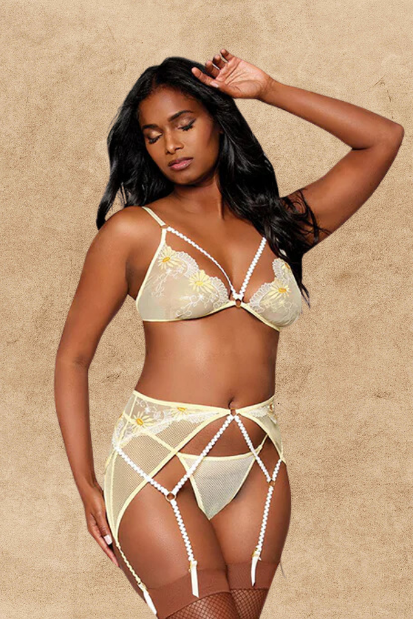 Daisy embroidery mesh bralette set