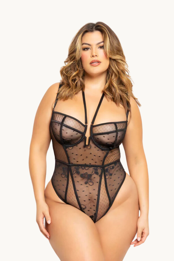 Lace and dot mesh teddy