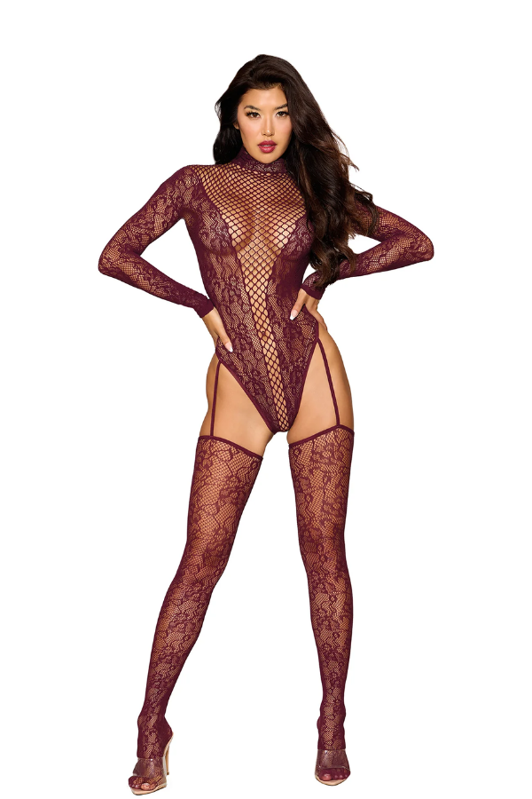 Seamless Knitted Lace Teddy Bodystocking with Garters and Stockings