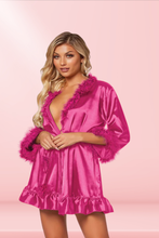 Load image into Gallery viewer, Faux Crepe Silk Robe With Marabou Trim
