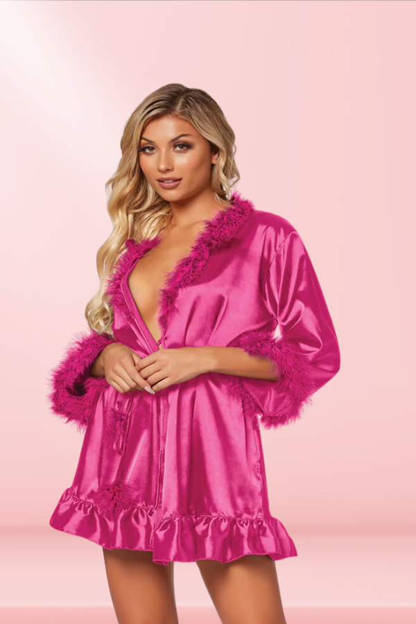 Faux Crepe Silk Robe With Marabou Trim