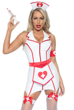 Load image into Gallery viewer, ER Hottie Costume with Zip-Up Vinyl Garter Dress, Heart Apron, and Headpiece
